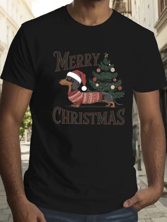 Men's Graphic T-Shirt Merry Christmas Festive Dachshund Wearing A Santa Hat Under Christmas Tree
