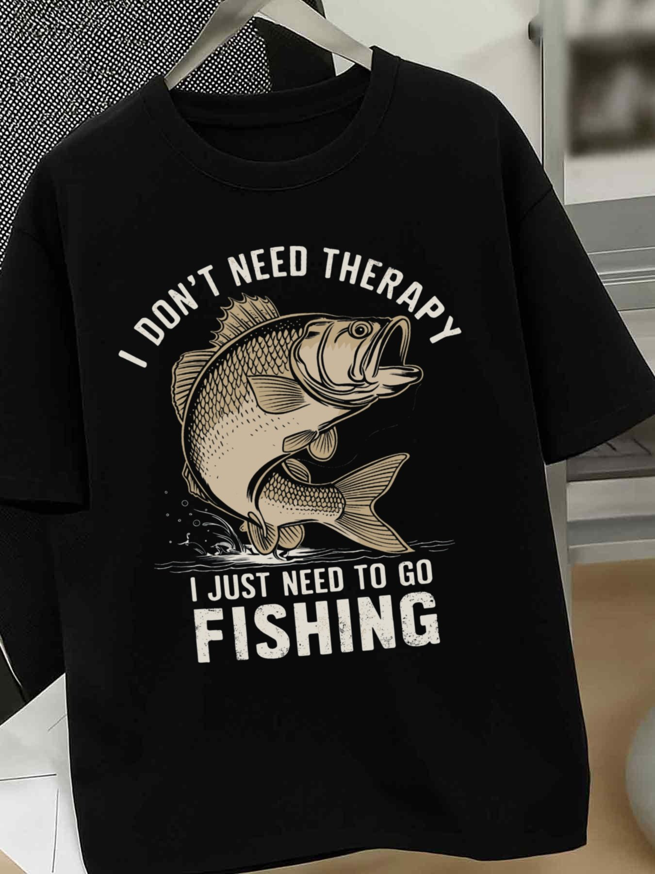 Men's Graphic T-Shirt I Dont Need Therapy I Just Need To Go Serene Tranquil Lake Reflections With Jumping Bass Fish