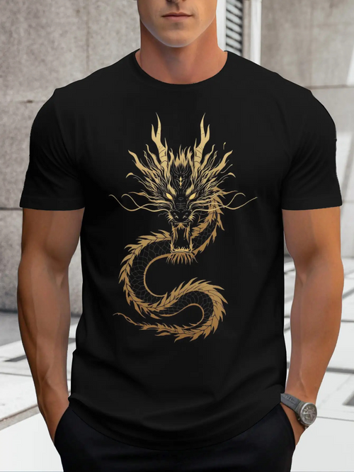 Men's Graphic T-Shirt Golden Scales With Fierce Expression Flowing Whiskers And Long Serpentine Dragon