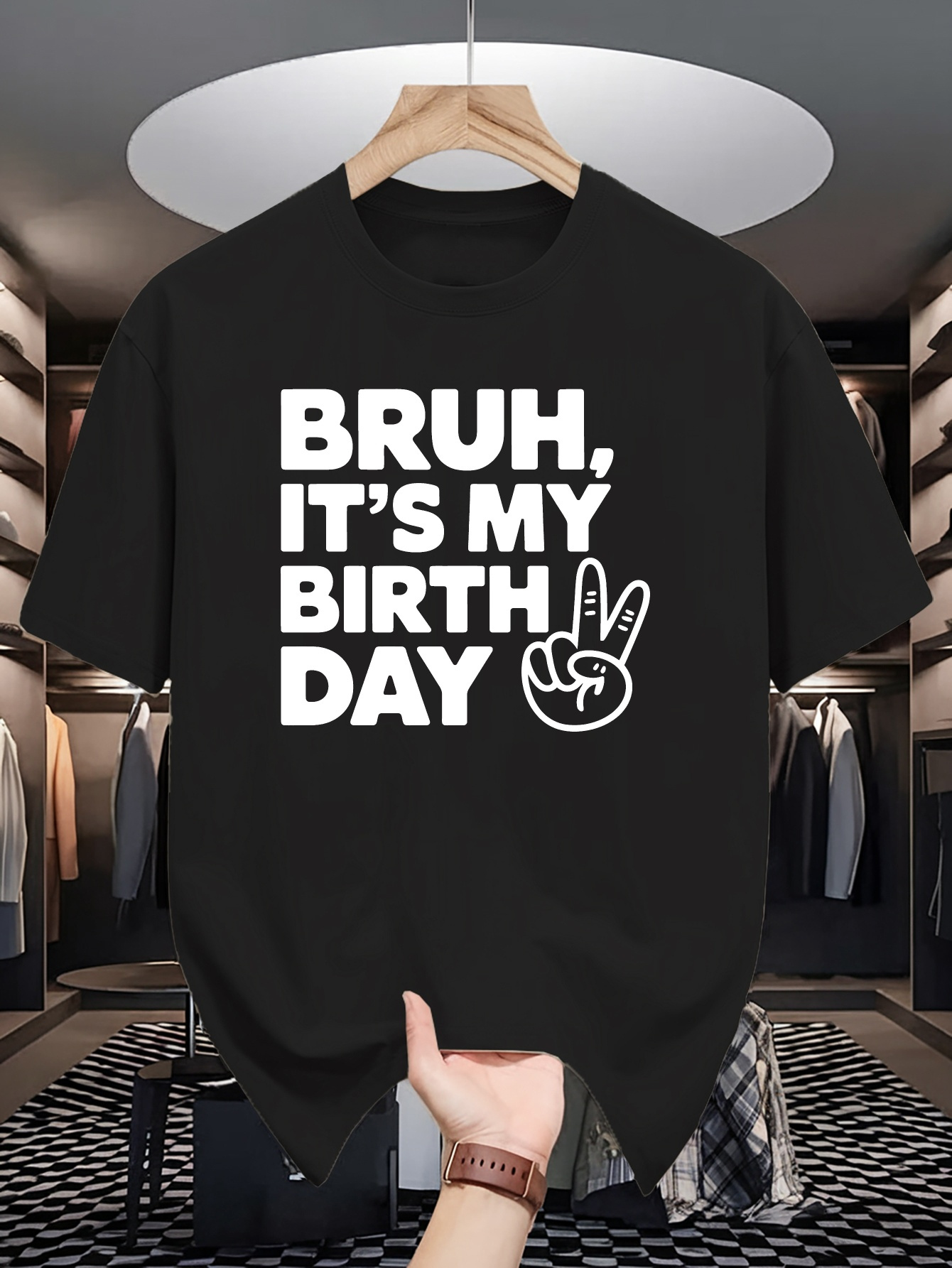 Men's Graphic T-Shirt Bruh Its My Birthday Bold White Lettering With Peace Hand Gesture Birthday