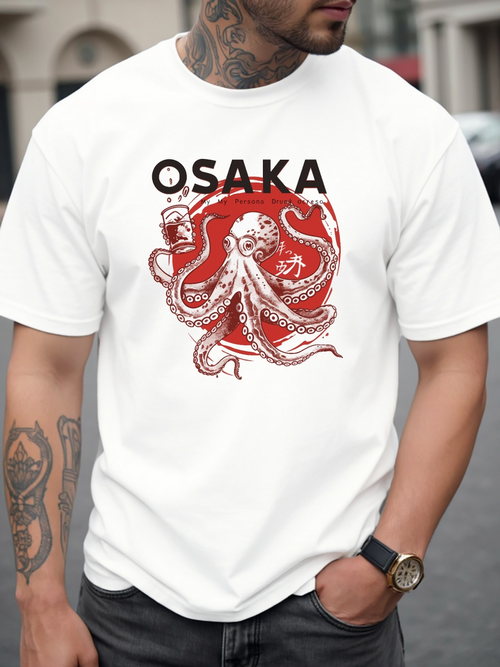 Men's Graphic T-Shirt Osaka Red Sun With Ink Art Octopus Centerpiece