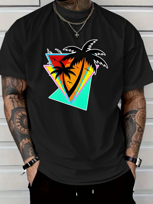 Men's Graphic T-Shirt Retro Neon Geometric Shapes With Vibrant Sunset Silhouetted Palm Trees