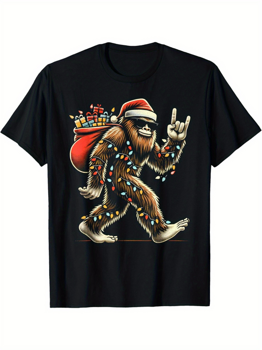 Men's Graphic T-Shirt Christmas Lights With Festive Santa Hat Carrying Gifts Bigfoot