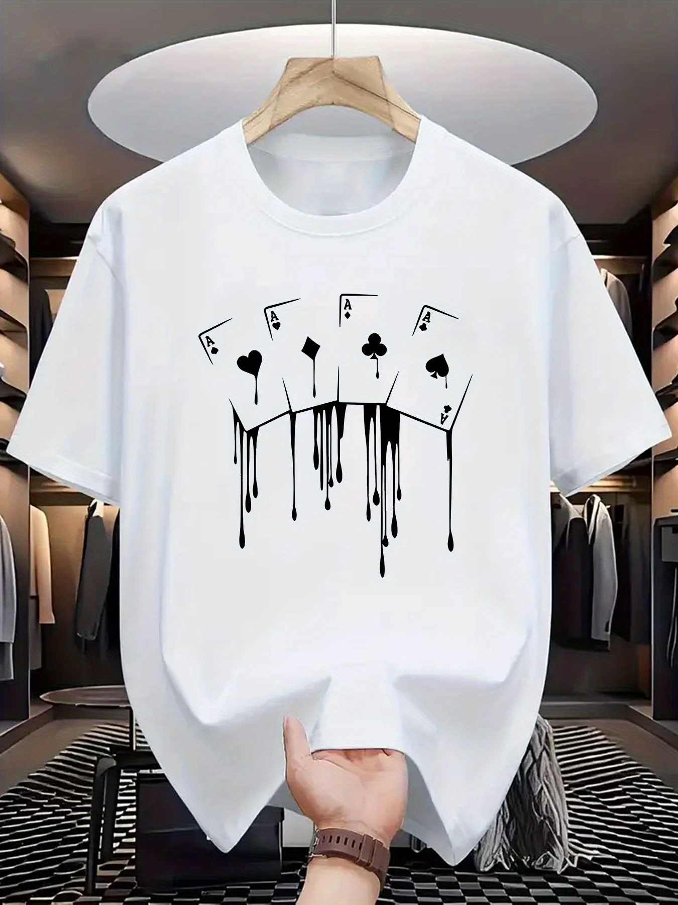 Men's Graphic T-Shirt Dripping Ink Playing Cards With Ace Symbol Motif