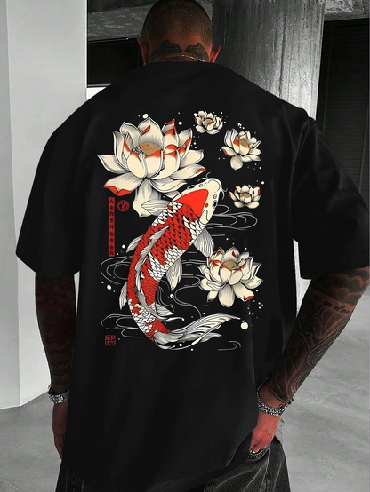 Men's Graphic T-Shirt Large Flowing Water With Bright Red Koi Surrounded By White Lotus Flowers