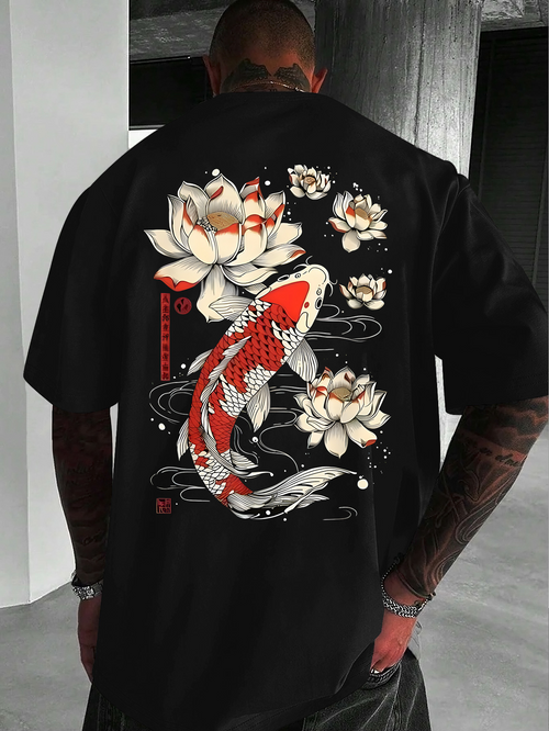 Men's Graphic T-Shirt Large Flowing Water With Bright Red Koi Surrounded By White Lotus Flowers