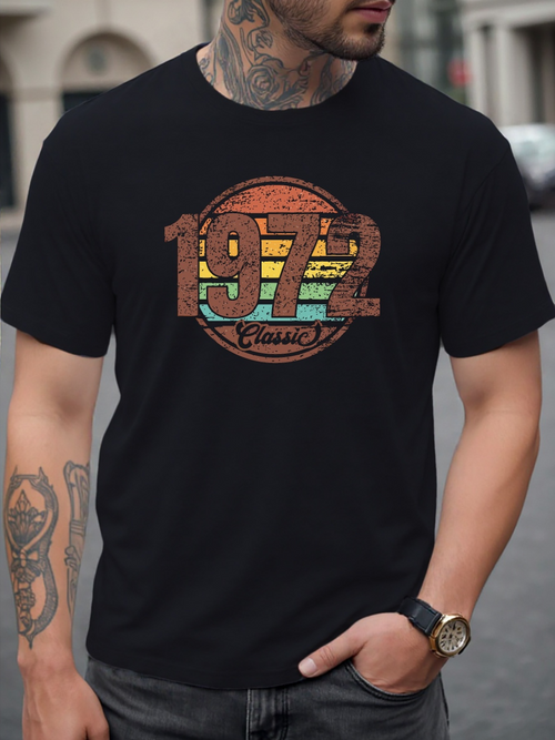 Men's Graphic T-Shirt Retro Sunset Stripes With Vintage Numbers And Classic Round Emblem