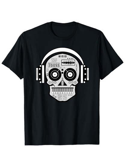 Men's Graphic T-Shirt Futuristic Pattern Circuit Details With Headphone Wearing Robotic Skull