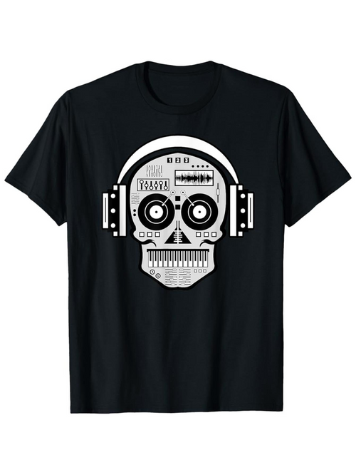 Men's Graphic T-Shirt Futuristic Pattern Circuit Details With Headphone Wearing Robotic Skull