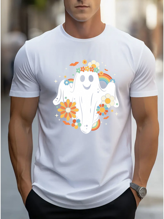 Men's Graphic T-Shirt Colorful Flowers And Vibrant Rainbow With Cheerful Smiling Happy Ghost