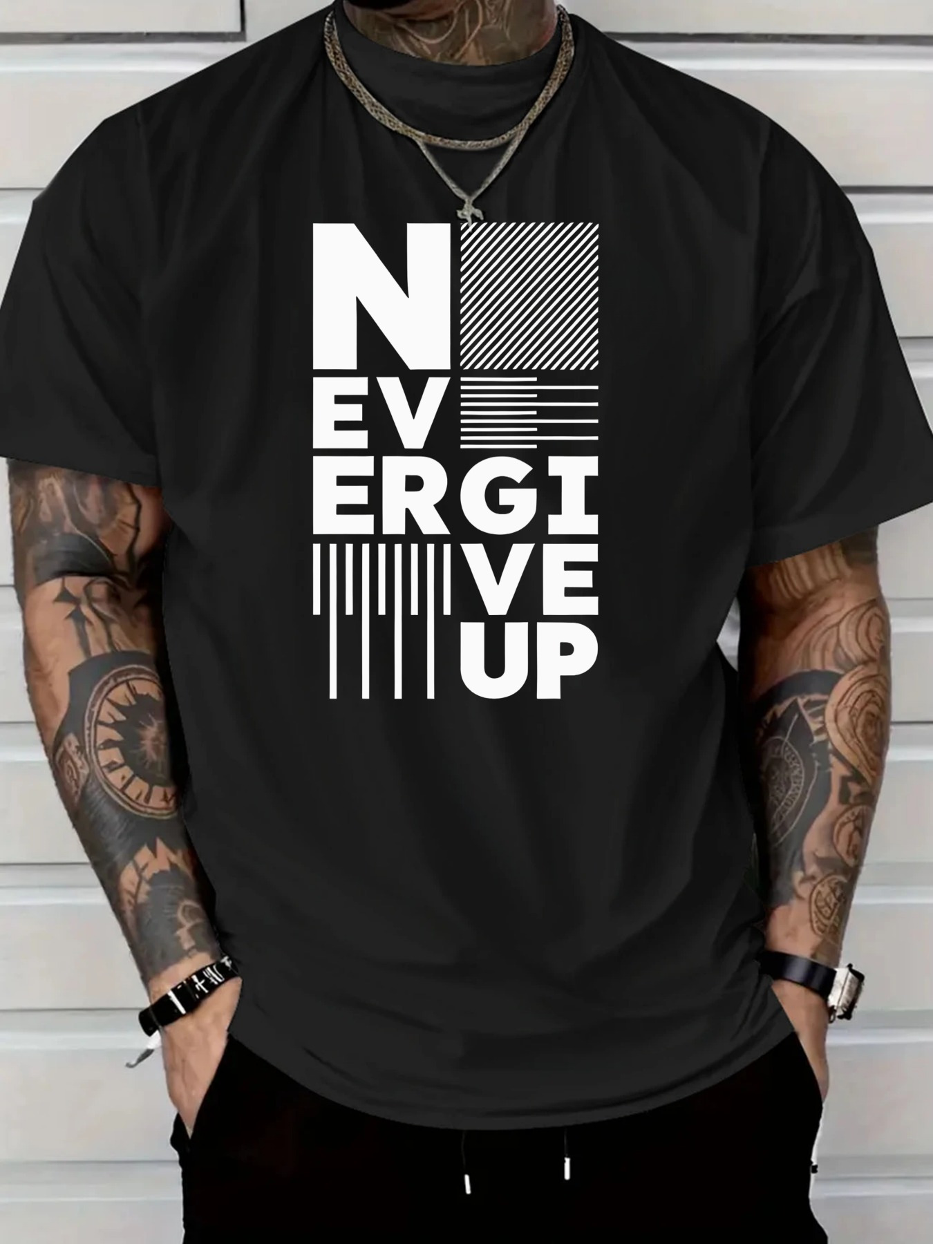 Men's Graphic T-Shirt Never Give Up Urban Monochrome Geometric Design With Bold Typography Pattern T Shirt