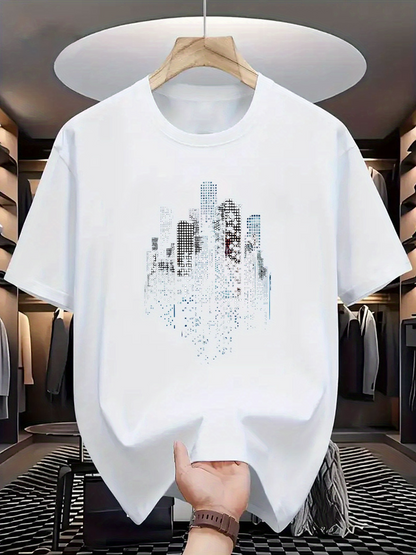 Men's Graphic T-Shirt Urban Skyline Reflected Among Abstract Geometric Shapes Cityscape