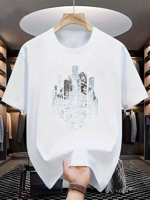 Men's Graphic T-Shirt Urban Skyline Reflected Among Abstract Geometric Shapes Cityscape
