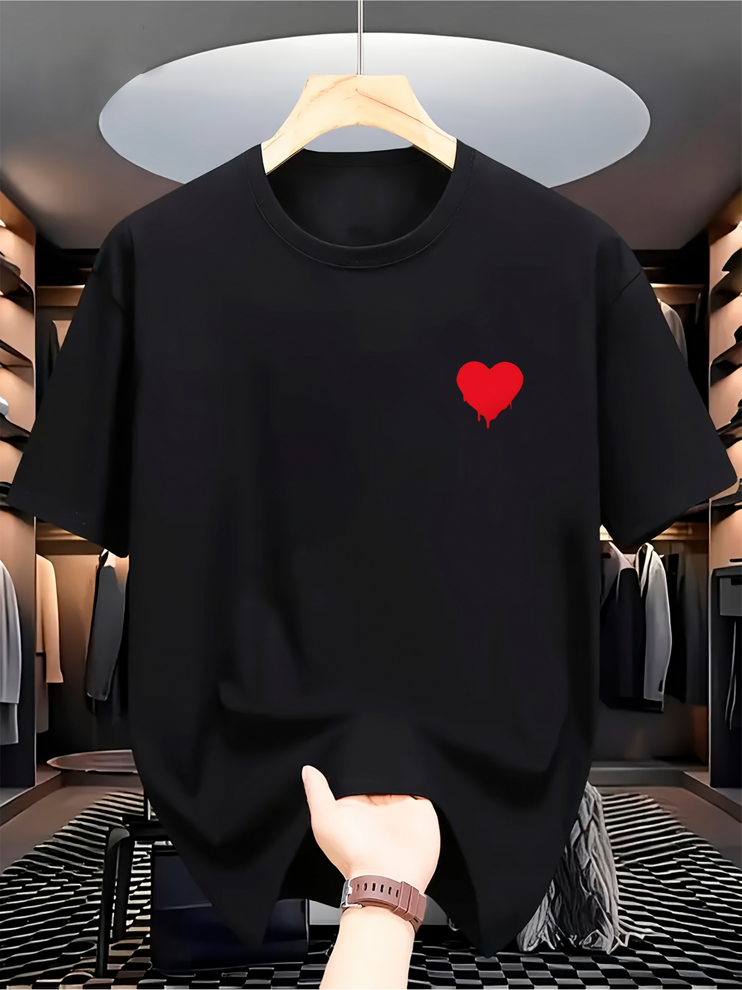 Men's Graphic T-Shirt Minimalist Red Heart Graphic Centered On Soft Black Fabric T Shirt