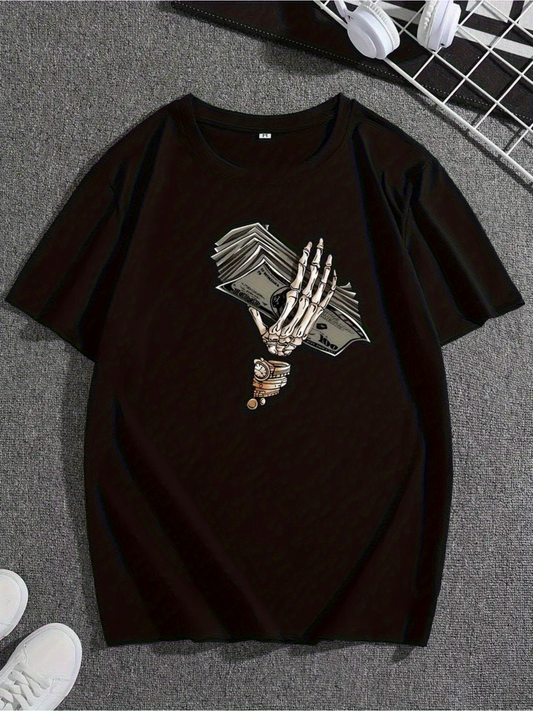 Men's Graphic T-Shirt Skeleton Hand Holding Stacks Of Cash Among Dark Shadows Money