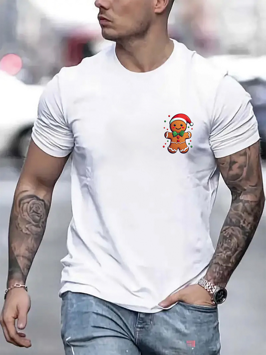 Men's Graphic T-Shirt Smiling Holiday Gingerbread Cookie With Red Santa Hat Character