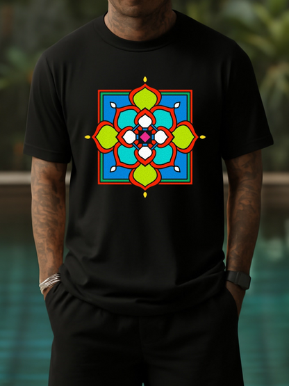 Men's Graphic T-Shirt Vivid Geometric Abstract Motif With Bright Colorful Floral Pattern Centerpiece