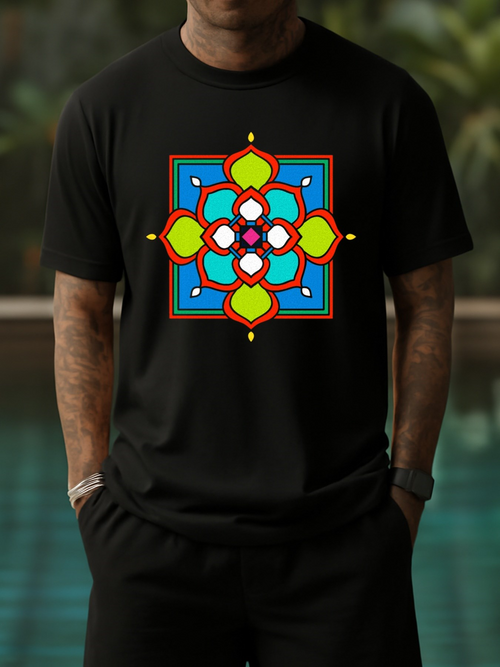 Men's Graphic T-Shirt Vivid Geometric Abstract Motif With Bright Colorful Floral Pattern Centerpiece