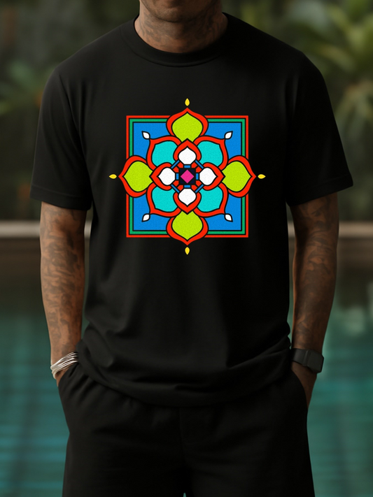 Men's Graphic T-Shirt Vivid Geometric Abstract Motif With Bright Colorful Floral Pattern Centerpiece