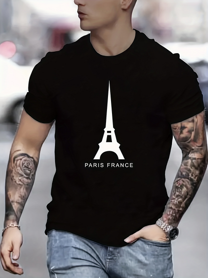 Men's Graphic T-Shirt Paris France Bold Monochrome Eiffel Tower Silhouette Under Text