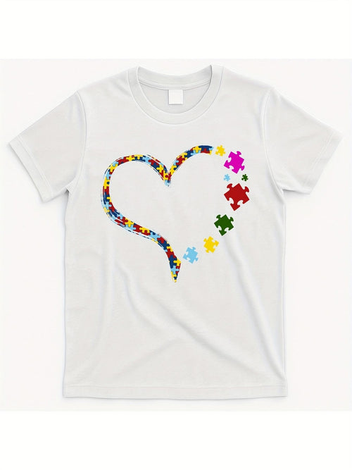 Women's Graphic T-Shirt Colorful Puzzle Pieces Forming An Abstract Curved Heart Shape