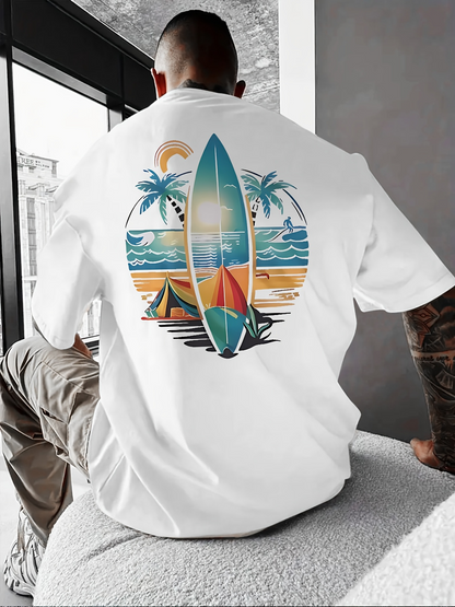 Men's Graphic T-Shirt Sunset Beach Tents With Palm Trees And Surfboard Scene