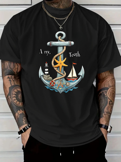 Men's Graphic T-Shirt Army Youth Nautical Anchor With Rope Starfish And Sailboat