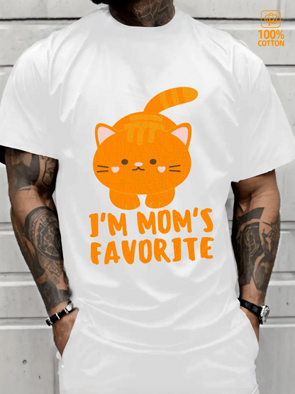 Men's Graphic T-Shirt Im Moms Favorite Playful Orange Cat With Tail Curved Over Cute Head