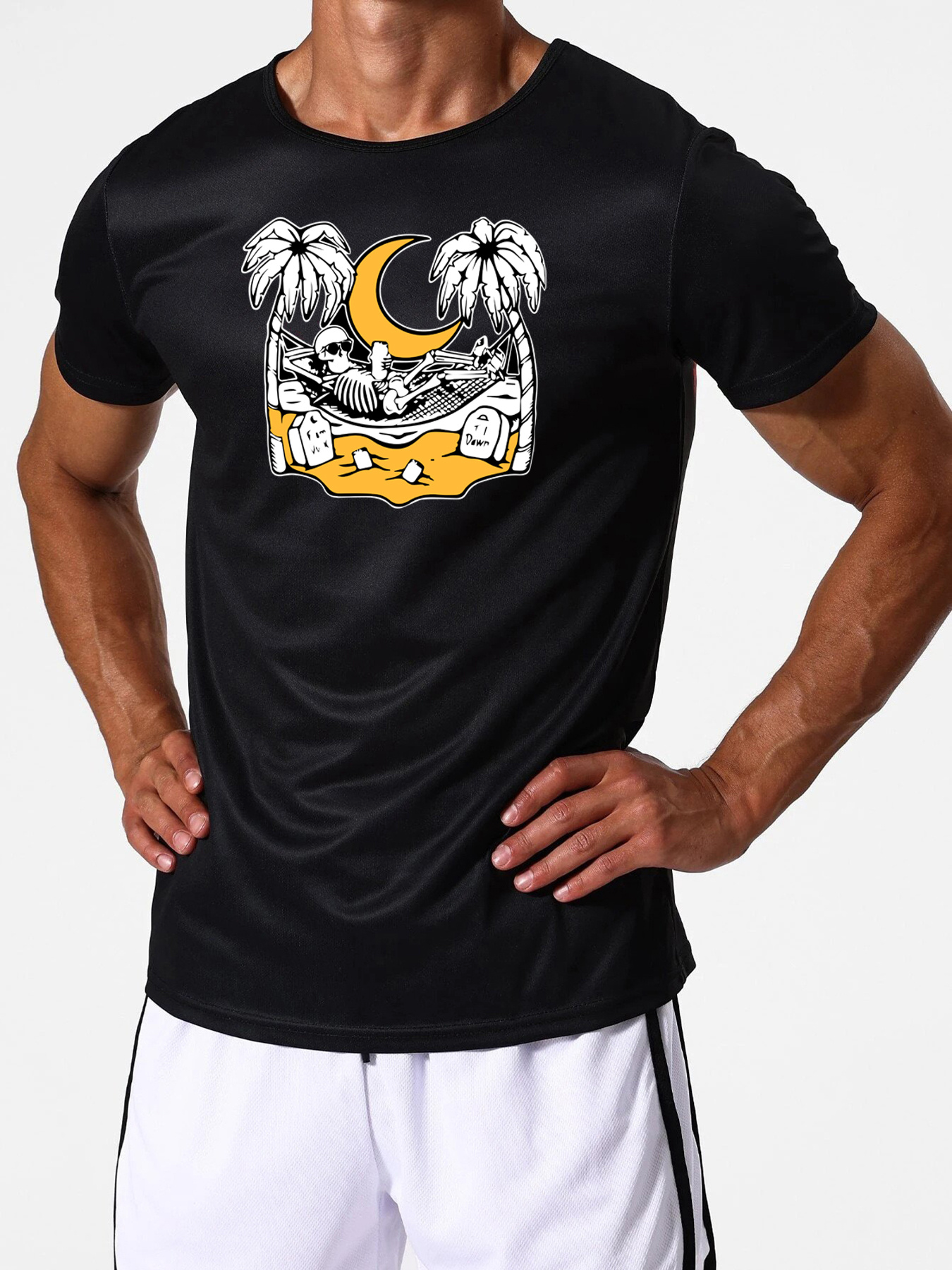 Men's Graphic T-Shirt Golden Beach Scene With Crescent Moon Among Palm Trees Skeleton