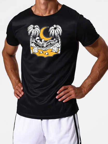 Men's Graphic T-Shirt Golden Beach Scene With Crescent Moon Among Palm Trees Skeleton