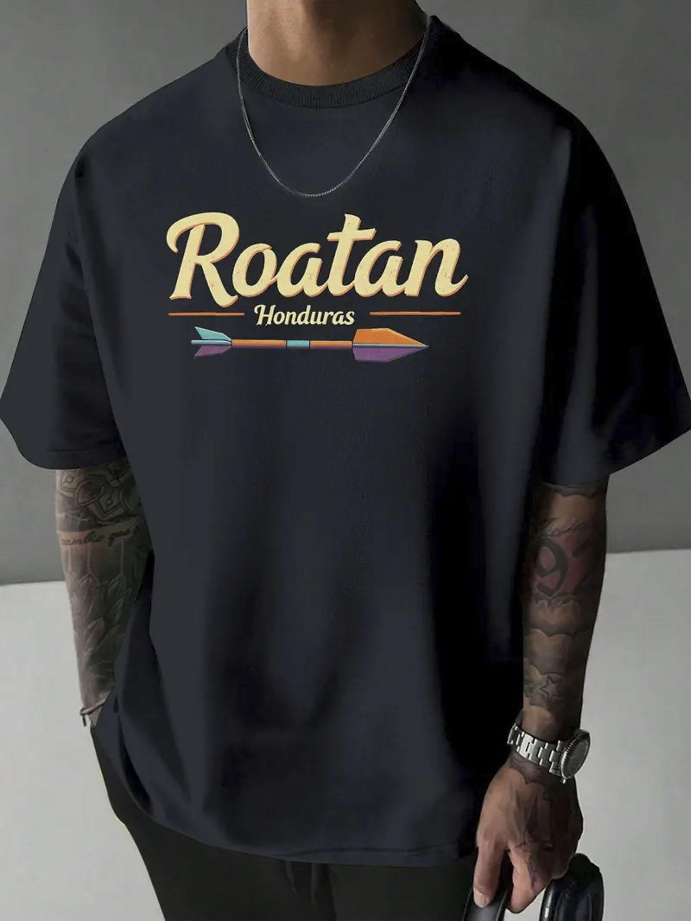 Men's Graphic T-Shirt Roatan Honduras Colorful Arrow Under Sunset Sky T Shirt