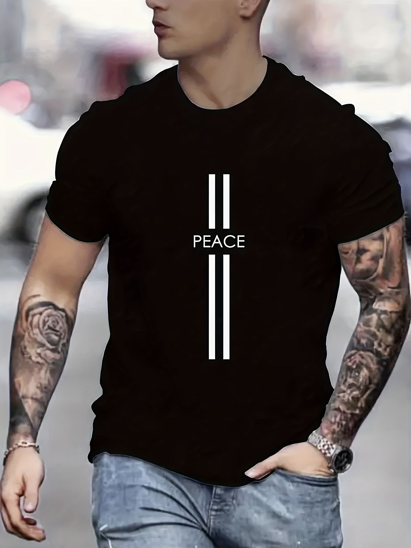 Men's Graphic T-Shirt Minimalist Design With White Lines And Statement Peace