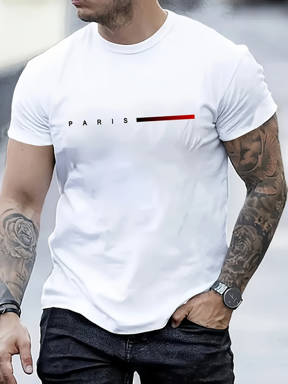 Men's Graphic T-Shirt Paris With Minimalist Black And Red Striped Lettering Design T Shirt