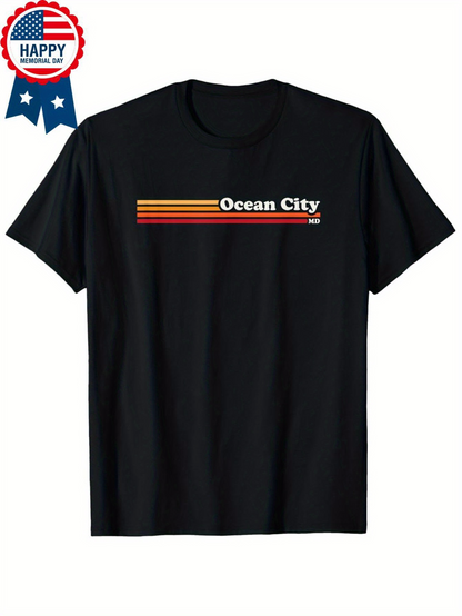 Men's Graphic T-Shirt Ocean City Simple Retro Stripes With Bold White Lettering T Shirt
