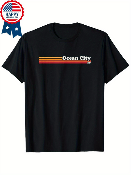 Men's Graphic T-Shirt Ocean City Simple Retro Stripes With Bold White Lettering T Shirt