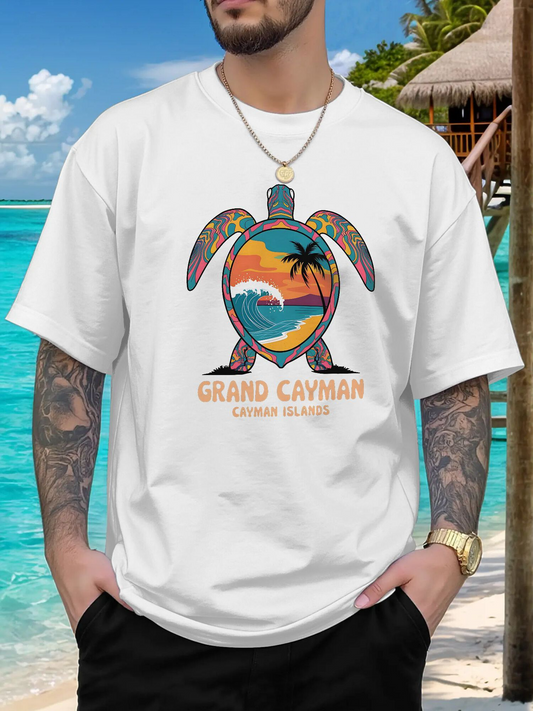 Men's Graphic T-Shirt Grand Cayman Sunset Beach With Palm Trees Framed By Turtle