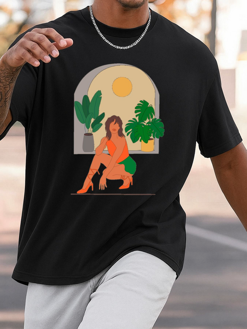 Men's Graphic T-Shirt Sunlit Window With Lush Green Plants Surrounding A Relaxed Woman