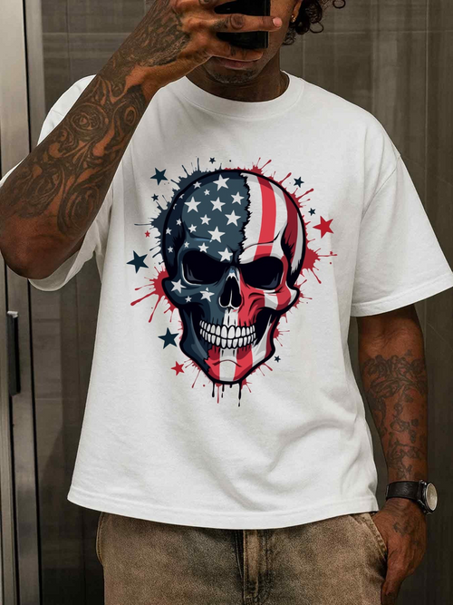 Men's Graphic T-Shirt Patriotic Stars And Stripes Splattered With Grunge Artistic Skull