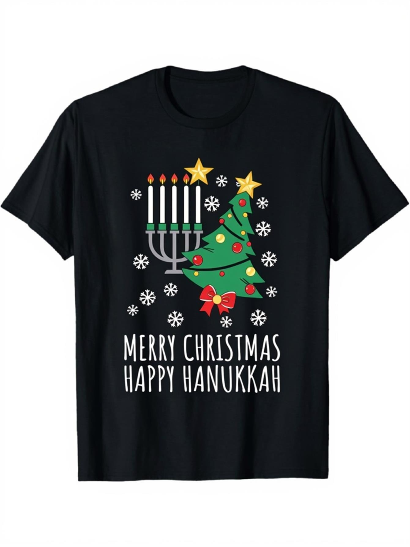 Men's Graphic T-Shirt Merry Christmas Happy Hanukkah With Festive Snowflakes Tree Candles And Stars