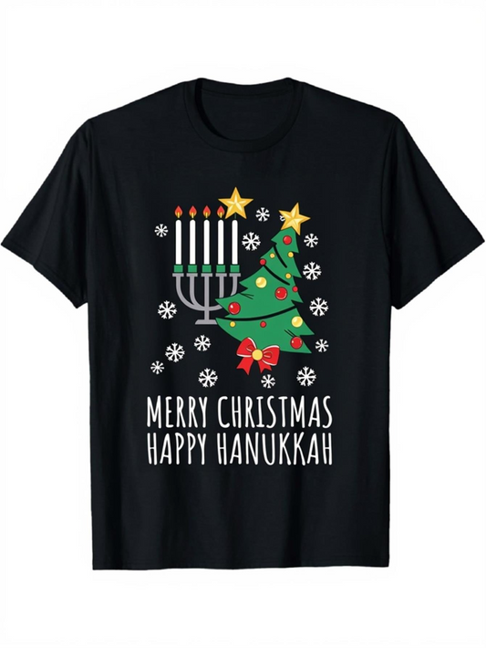 Men's Graphic T-Shirt Merry Christmas Happy Hanukkah With Festive Snowflakes Tree Candles And Stars