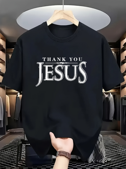 Men's Graphic T-Shirt Thank You Jesus With Shining White Letters On Plain Black Fabric