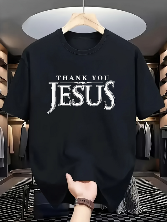 Men's Graphic T-Shirt Thank You Jesus With Shining White Letters On Plain Black Fabric