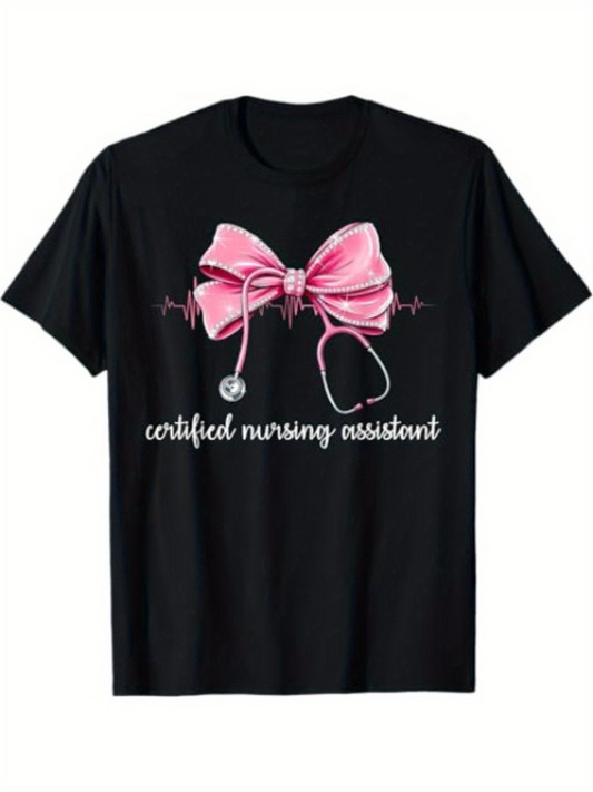 Men's Graphic T-Shirt Certified Nursing Assistant Pink Bow With Heartbeat Pattern Stethoscope