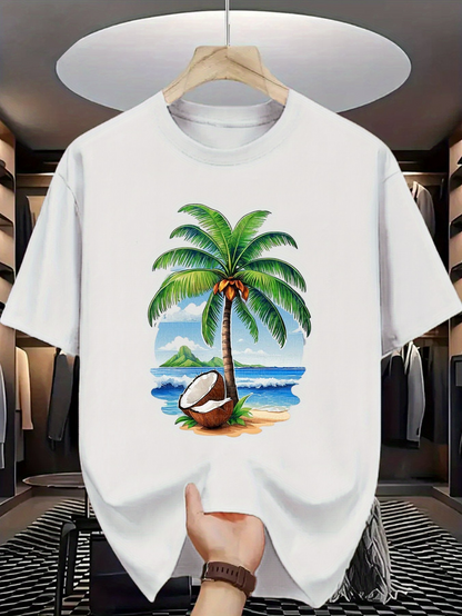 Men's Graphic T-Shirt Tropical Beach With Crashing Waves Coconut Palm Tree