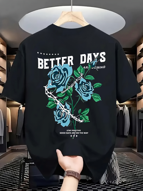 Men's Graphic T-Shirt Better Days Three Blue Roses With Green Leaves In Artistic Arrangement Rose