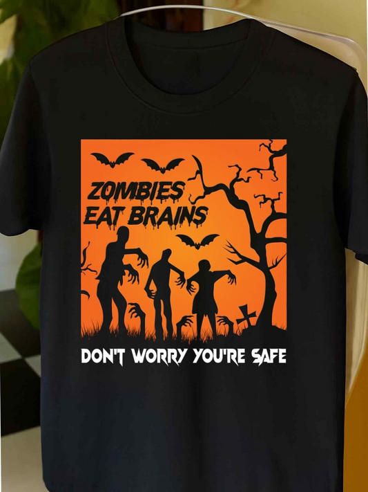 Men's Graphic T-Shirt Zombies Eat Brains Spooky Night Scene With Creepy Trees And Flying Bats Zombies