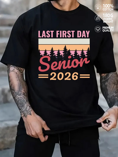 Men's Graphic T-Shirt Last First Day Senior 2026 Retro Sunset With Pine Trees And Stripes Graphic Tee