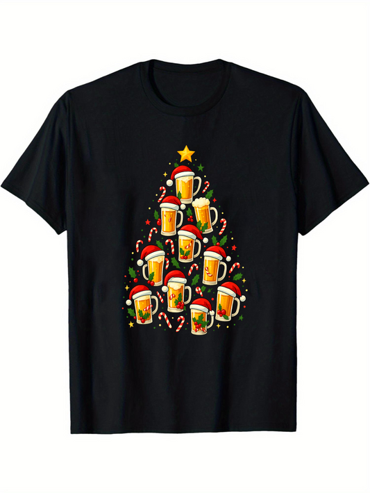 Men's Graphic T-Shirt Sparkling Lights And Santa Hats Forming Festive Holiday Beer Tree