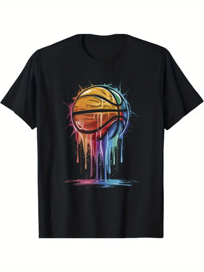 Men's Graphic T-Shirt Vivid Rainbow Melting Colors Flowing Down A Basketball
