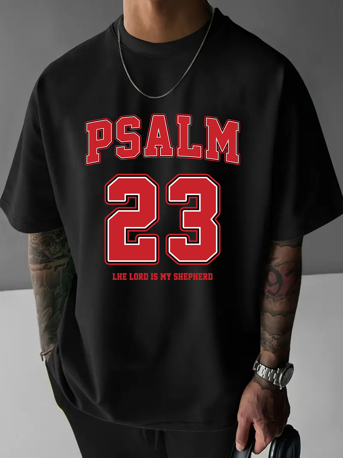 Men's Graphic T-Shirt Psalm 23 Bold Red Letters Over Classic College Black T Shirt